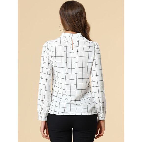 Bow Tie Neck Grid Checks Shirt Tops Blouses White - Picture 5 of 6